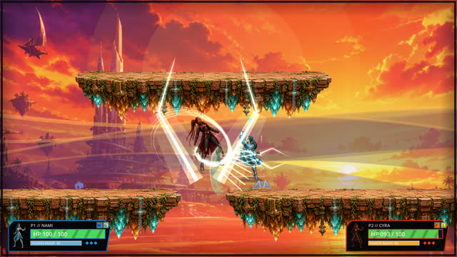 Two fighters clashing inside a white fusion arc against an orange sunset skyline