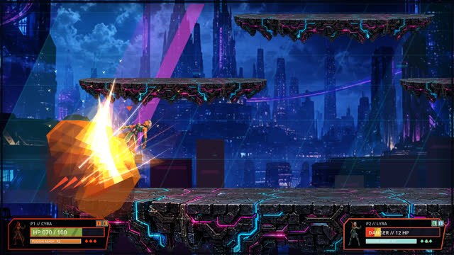 A fighter driven into an orange impact burst above a neon city at night