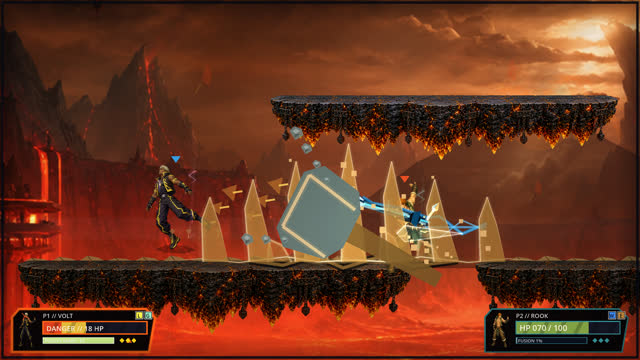 A stone hammer swinging across a lava arena while one player sits at eighteen health
