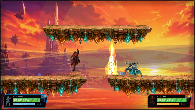 Two fighters squaring off across a gap between floating stone platforms at sunset